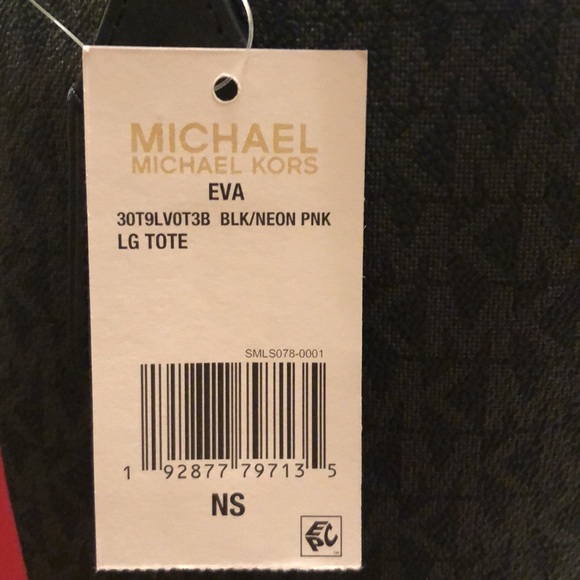 NWT Michael Kors LG. Black Coated Canvas  Eva Tote Bag with Pink/White Stripes - Picture 6 of 8